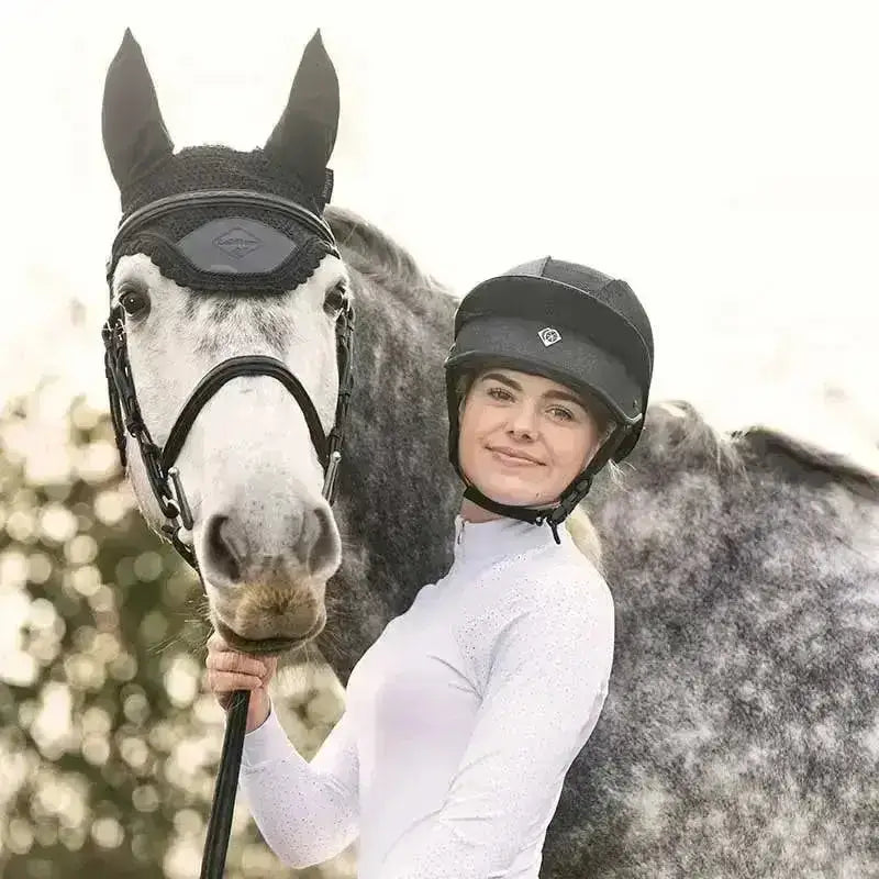 Black charles owen esme cosmic js1 pro riding hat with diamond shaped logo for equestrian use