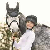 Black charles owen esme cosmic js1 pro riding hat with diamond shaped logo for equestrian use