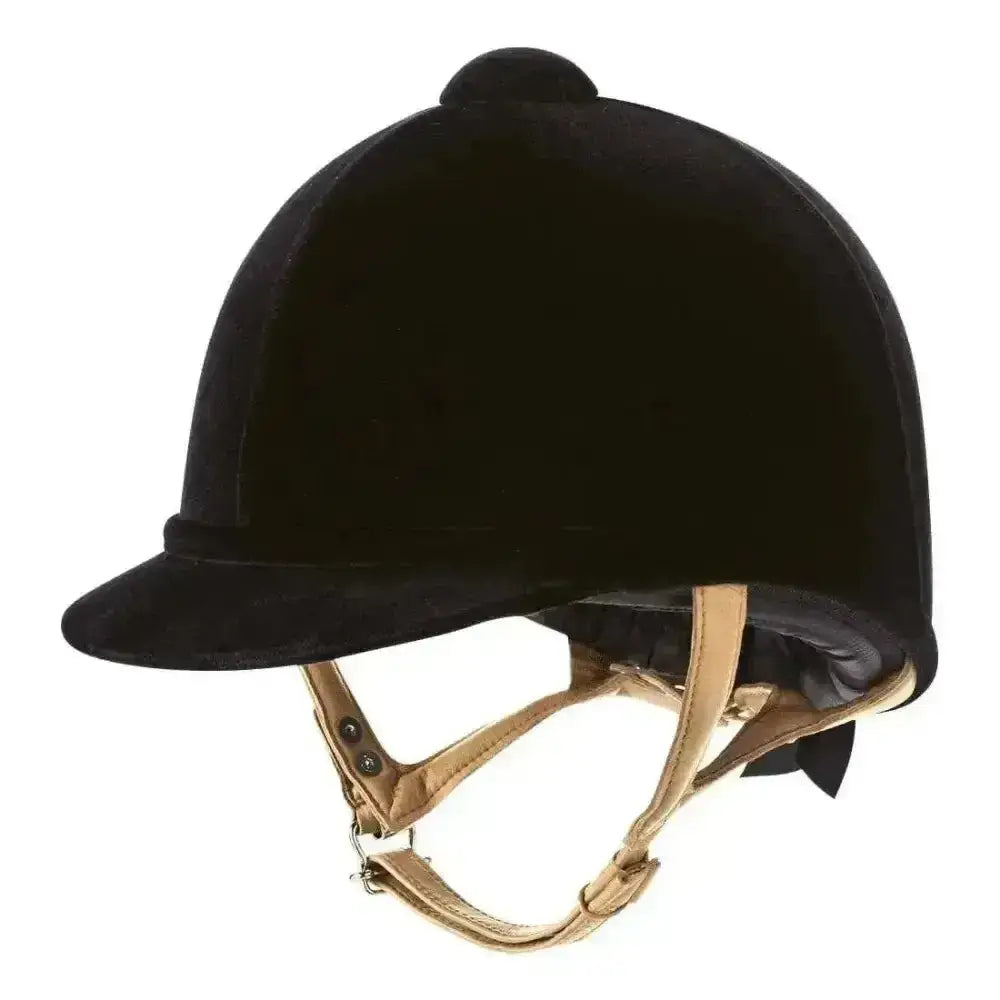Black velvet charles owen fian riding hat with tan leather straps and classic owen fian velvet finish