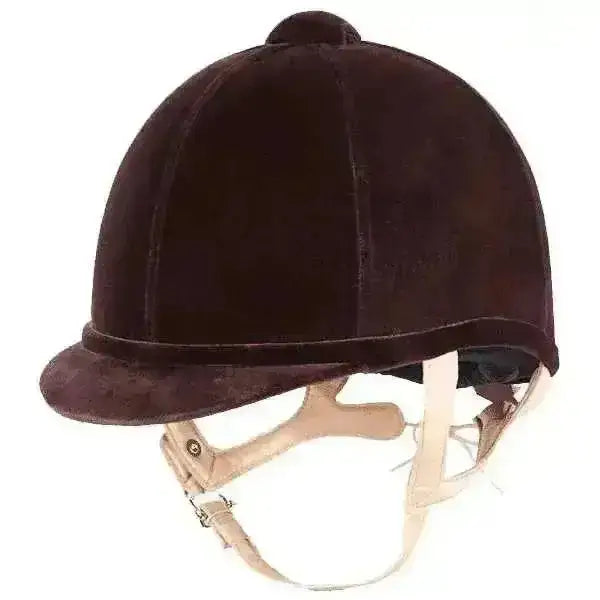 Dark brown suede charles owen fian velvet riding hat with light tan leather straps for equestrian use