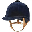 Navy blue velvet charles owen fian equestrian helmet with tan leather straps and black top button for riding use