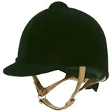 Black velvet charles owen fian riding hat with tan leather straps and a small rounded top for riding use