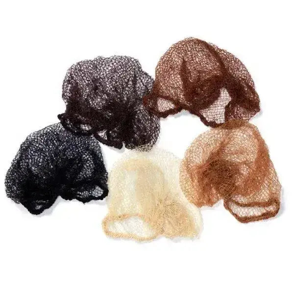 A collection of five durable charles owen hairnets in sheer mesh natural shades for traditional rider use