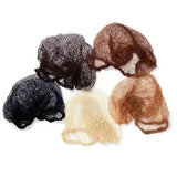 A collection of five durable charles owen hairnets in sheer mesh natural shades for traditional rider use