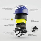 Blue charles owen halo riding helmet with brushed metallic ring yellow liner and sustainable leather harness