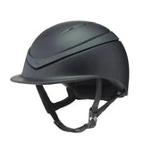 Matte black charles owen halo riding helmet with sleek design and adjustable straps for equestrian use