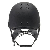 Black charles owen js1 pro riding hat with matte finish and ventilation slots for equestrian use