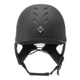 Black charles owen js1 pro riding hat with matte finish ventilation slots and silver diamond badge on front