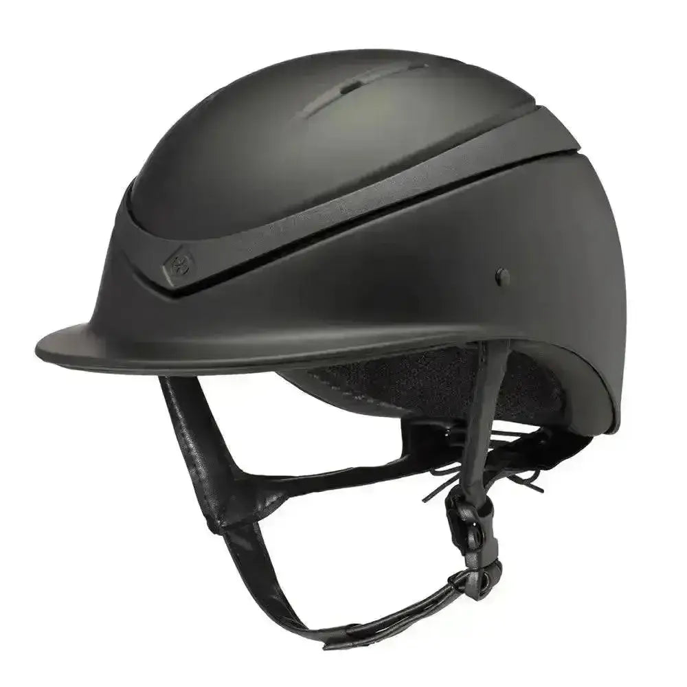 Matte black charles owen luna riding hat with sleek design and adjustable chin strap perfect for riding use