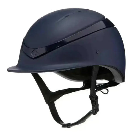 Navy blue charles owen luna riding helmet with glossy finish and black adjustable straps from luna riding hats