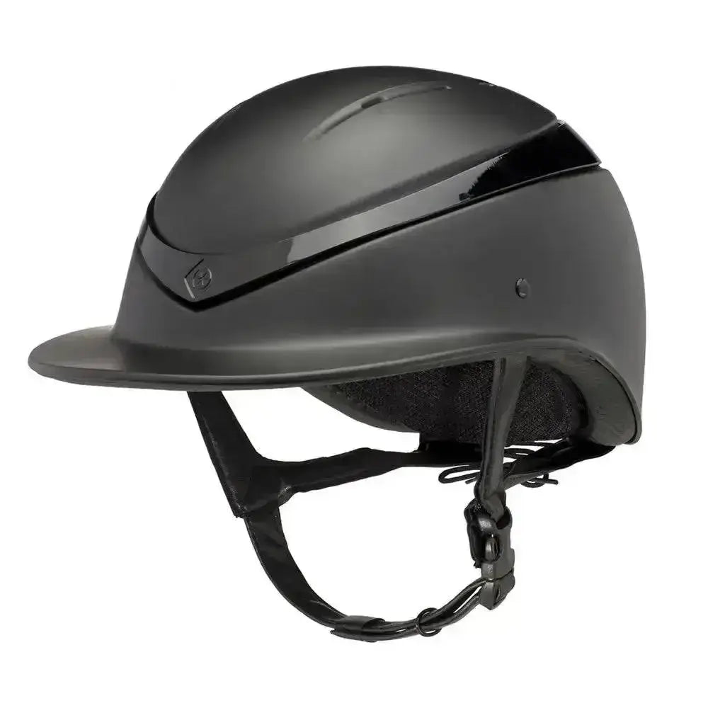 Black matte charles owen luna wide brim riding hat with glossy stripe and adjustable chin strap for equestrian use