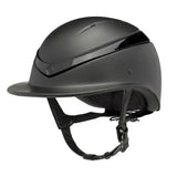 Black matte charles owen luna wide brim riding hat with glossy stripe and adjustable chin strap for equestrian use
