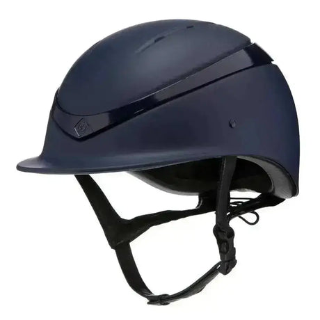 Navy blue charles owen luna wide brim riding hat with glossy finish and black adjustable straps for equestrian use