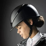 Black charles owen luna wide brim riding hat with sleek glossy finish and subtle reflective stripes