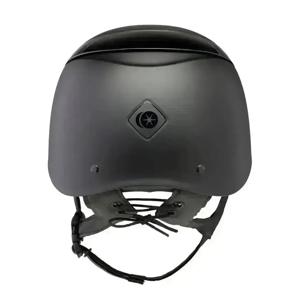 Matte black charles owen luna wide brim riding hat with diamond logo featuring crescent moon and star