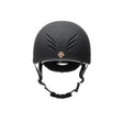 Black charles owen phoenix jockey skull helmet with textured matte finish and rose gold emblem at front