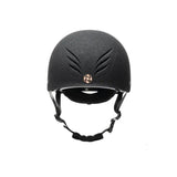 Black charles owen phoenix jockey skull helmet with textured matte finish and rose gold emblem at front