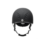 Black charles owen phoenix jockey skull helmet with textured matte finish and silver logo front ventilation grooves