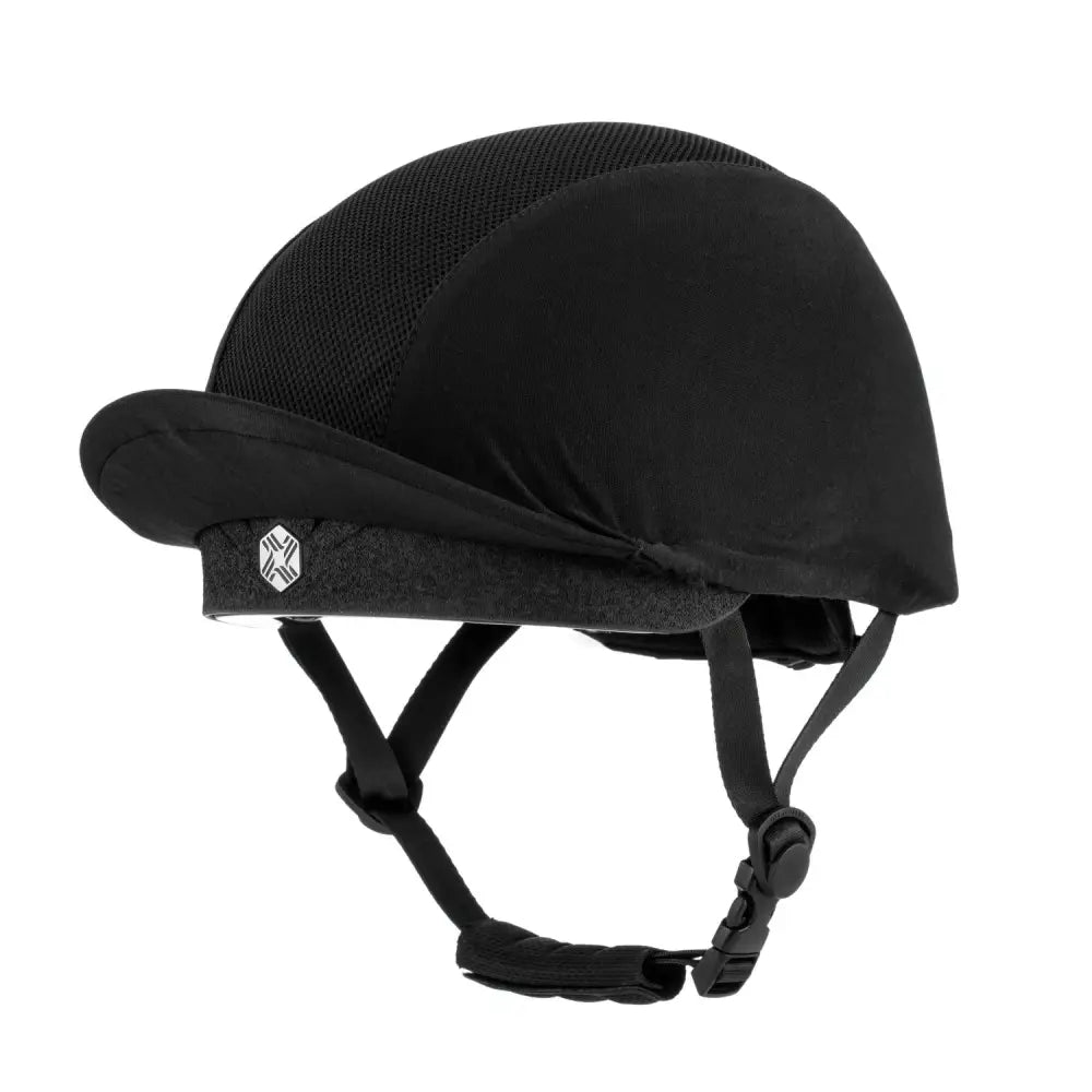 Black charles owen phoenix jockey skull helmet cover with mesh panel and adjustable straps for riding safety