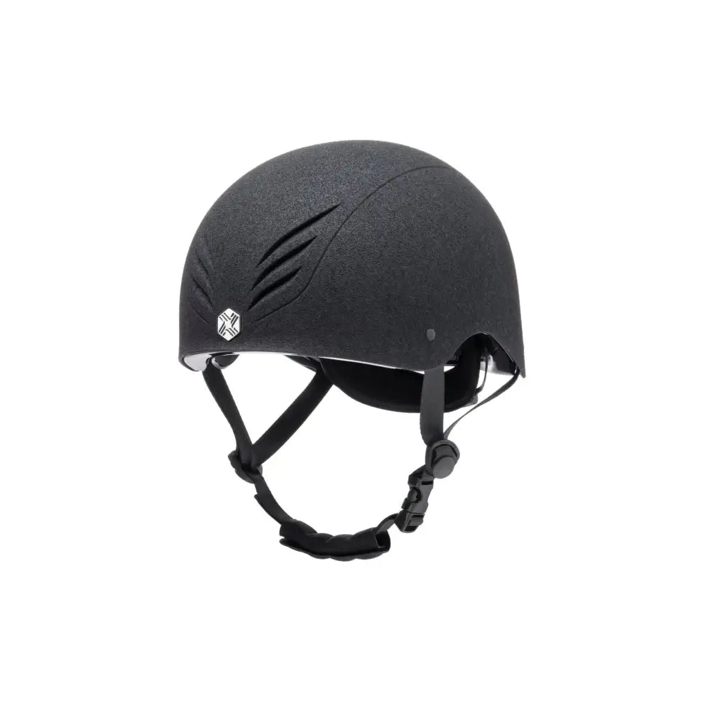 Black charles owen phoenix jockey skull helmet with textured matte finish and silver logo emblem