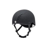 Black charles owen phoenix jockey skull helmet with textured matte finish and silver logo emblem