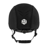 Black charles owen phoenix jockey skull helmet cover with mesh panel and white hexagonal logo