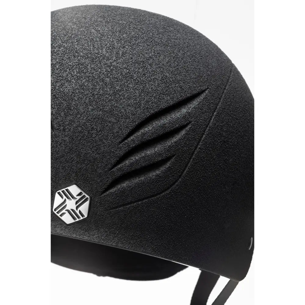 Black charles owen phoenix jockey skull helmet with textured matte finish and silver hexagonal logo