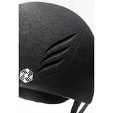 Black charles owen phoenix jockey skull helmet with textured matte finish and silver hexagonal logo