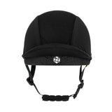 Black charles owen phoenix jockey skull helmet with mesh panel padded chin strap and subtle front logo