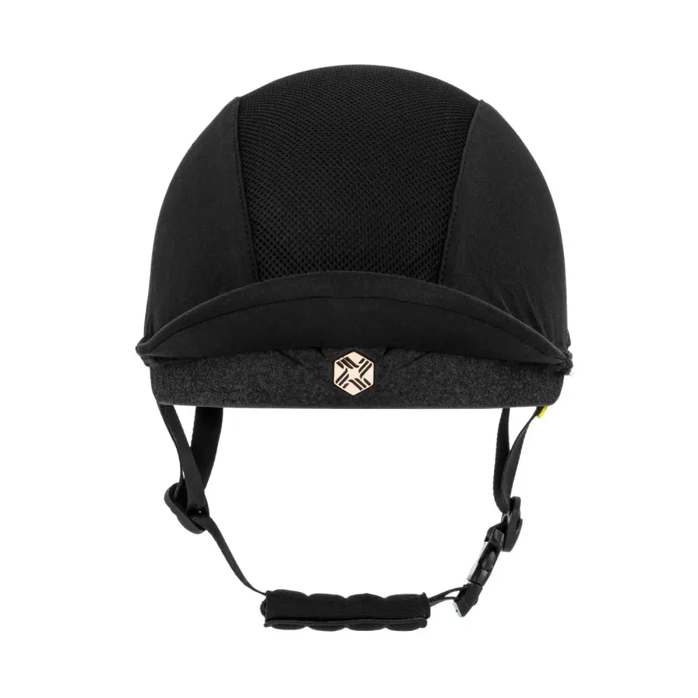 Black charles owen phoenix jockey skull equestrian helmet with mesh panel padded chin strap and gold logo front