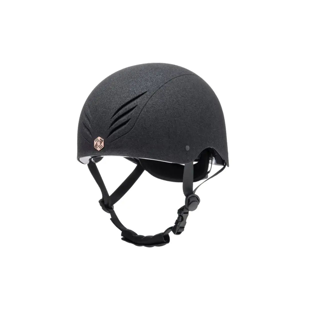 Black charles owen phoenix jockey skull helmet with textured matte finish and rose gold logo emblem on the side