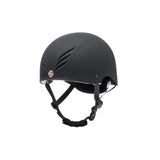 Black charles owen phoenix jockey skull helmet with textured matte finish and rose gold logo emblem on the side
