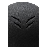 Black textured speaker grille with a v-shaped cutout on the back of the charles owen phoenix jockey skull