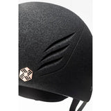 Black textured equestrian jockey skull helmet with rose gold hexagonal emblem by charles owen phoenix adjustable fit