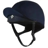 Navy blue charles owen pro 11 plus riding hat with mesh panel and black adjustable straps for precision-fitting cross-country skull