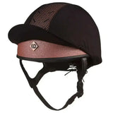 Black charles owen pro 11 plus riding hat with rose gold textured band and mesh panel for precision-fitting cross-country skull