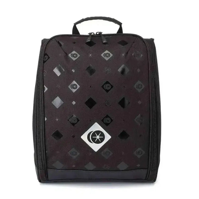 Black charles owen riding hat bag with silver white diamond pattern and central logo patch convertible style