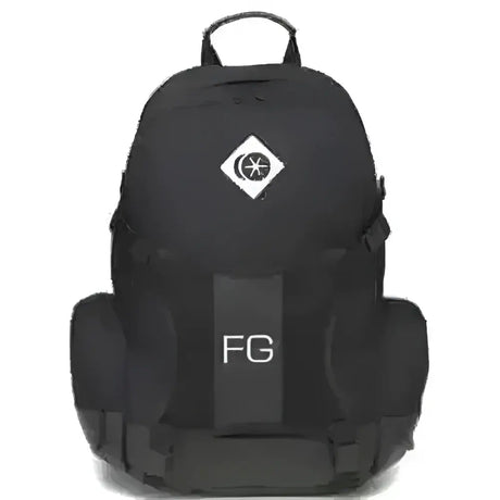 Black charles owen riding hat bag backpack with white fg logo and vertical strip for elasticated mesh helmet use