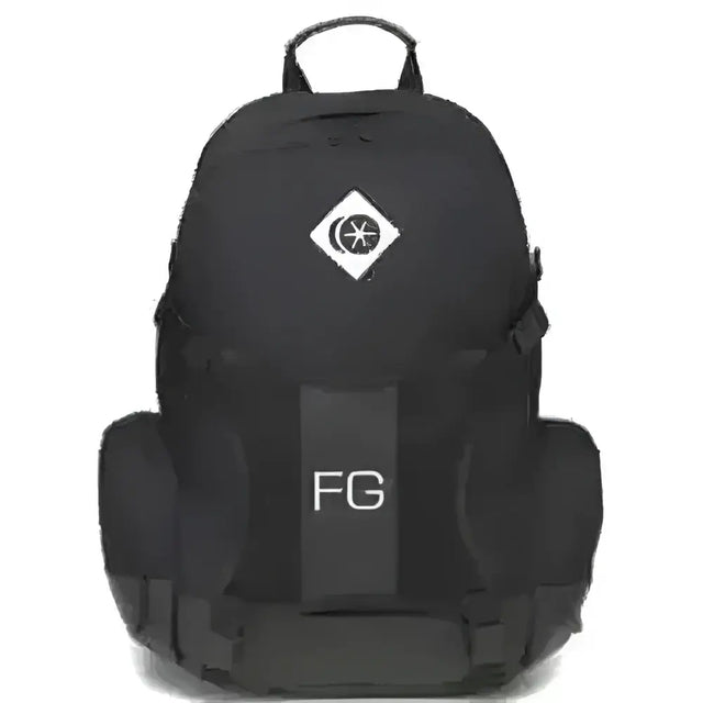 Black charles owen riding hat bag backpack with white fg logo and vertical strip for elasticated mesh helmet use