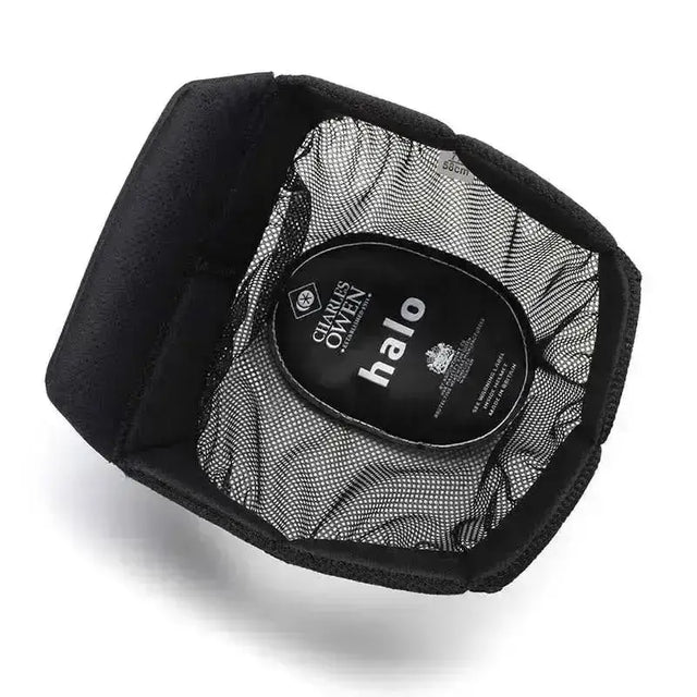 Black mesh charles owen riding hat liner with padded interior and halo label for removable halo liner use