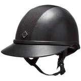 Black charles owen sp8 leather look riding hat with glossy finish and mesh ventilation panels on the side