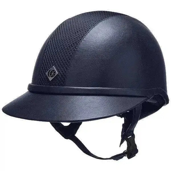 Black charles owen sp8 leather look riding hat with glossy finish and breathable mesh panels on the sides