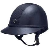 Black charles owen sp8 leather look riding hat with glossy finish and breathable mesh panels on the sides