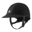 Black charles owen sp8 riding helmet with leather straps mesh panel and specially designed brim for upper neck protection