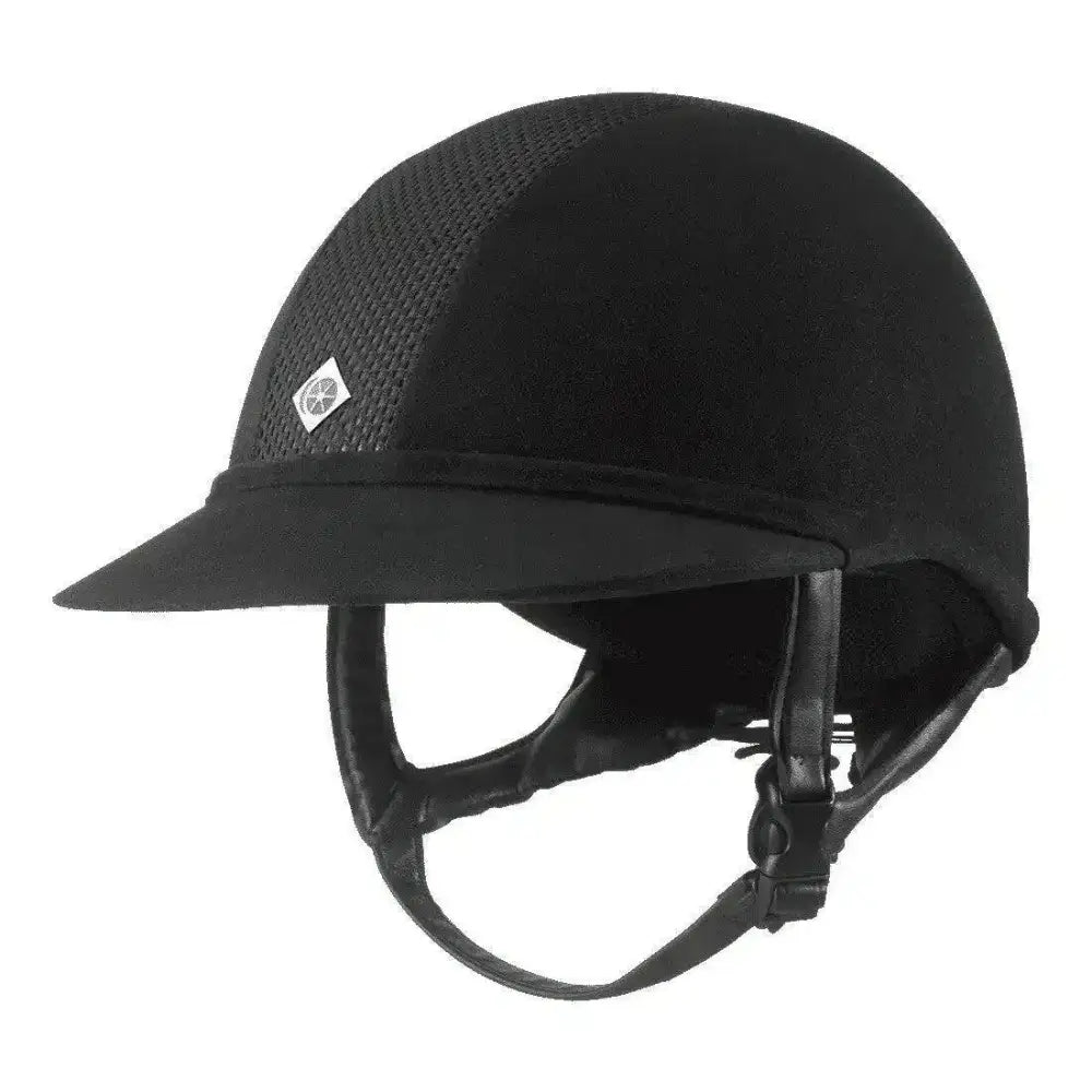 Black charles owen sp8 riding helmet with leather straps mesh panel and specially designed brim for upper neck protection