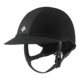 Black charles owen sp8 riding helmet with leather straps mesh panel and specially designed brim for upper neck protection