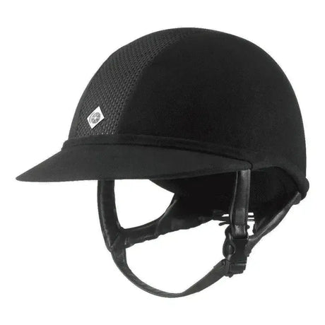 Black charles owen sp8 riding helmet with leather straps mesh panel and specially designed brim for upper neck protection