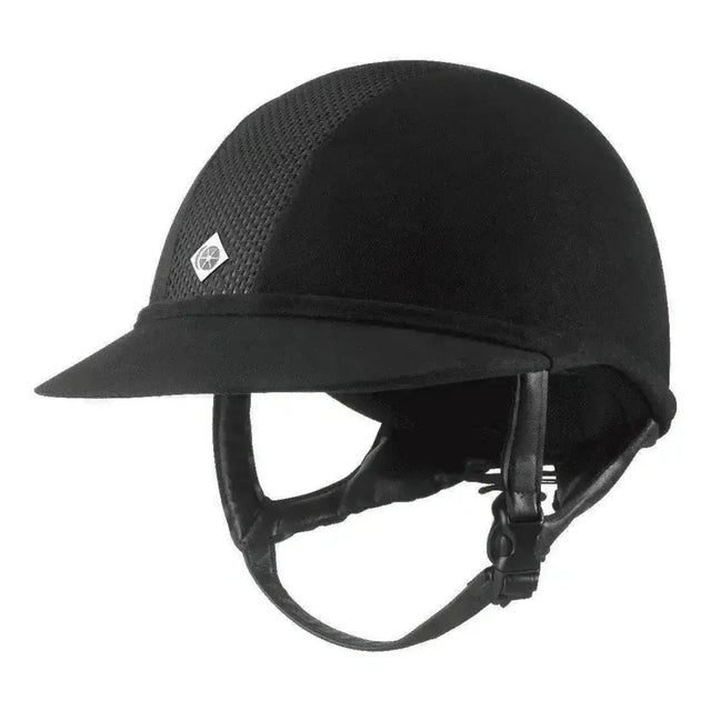 Black charles owen sp8 riding helmet with leather straps mesh panel and specially designed brim for upper neck protection