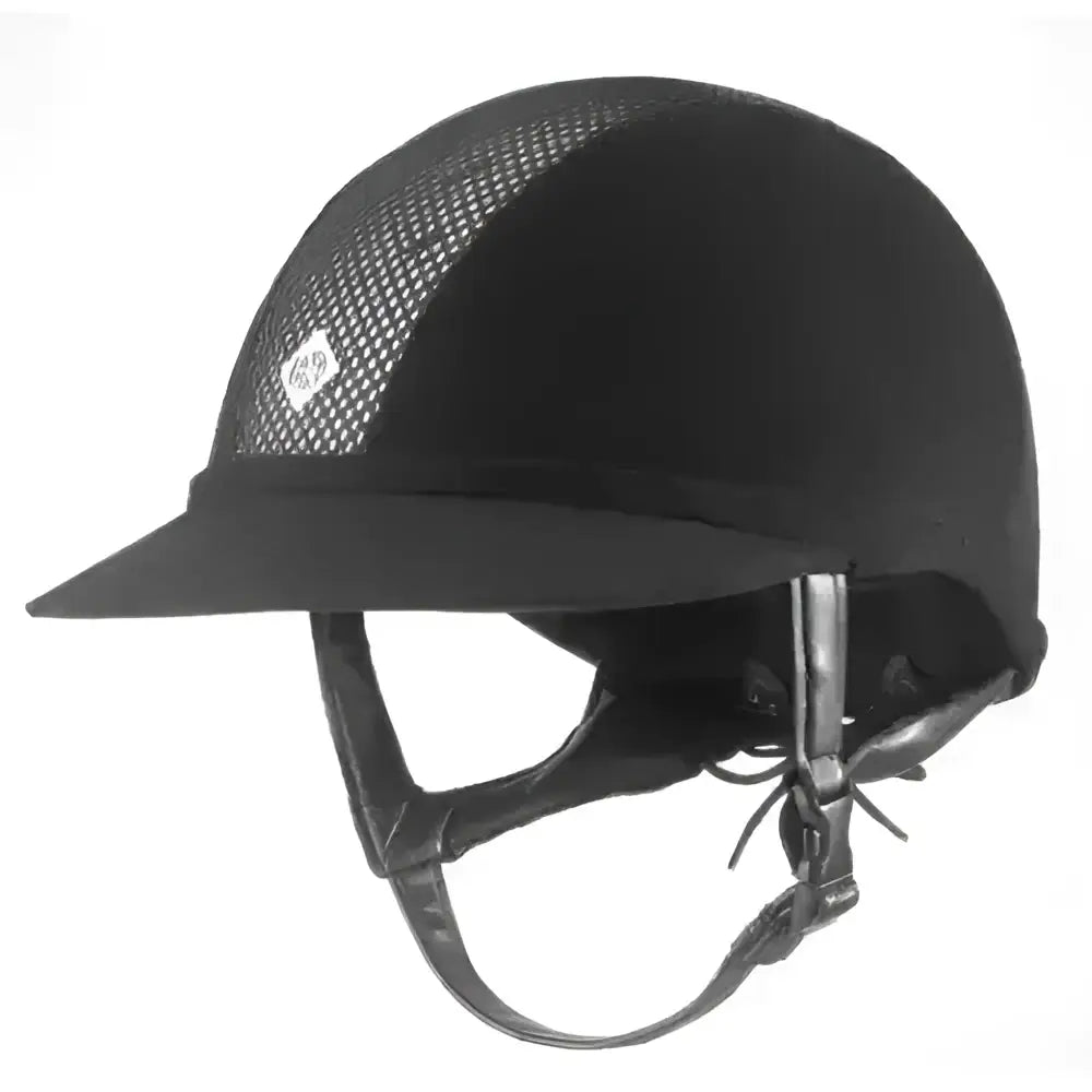 Black charles owen sp8 equestrian helmet with mesh ventilation and adjustable chin strap featuring specially designed brim