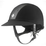 Black charles owen sp8 equestrian helmet with mesh ventilation and adjustable chin strap featuring specially designed brim